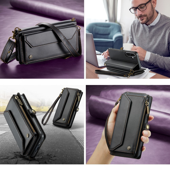 Tok CASEME Samsung Galaxy A56 5G, RFID Leather Wallet, vállpánttal, fekete