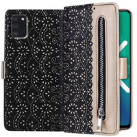 Flap tok Samsung Galaxy A41, Wallet Pocket Zipper Lace, fekete