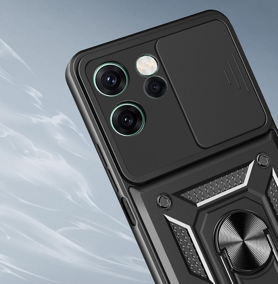 Páncélozott tok Oppo Reno 14F-hez, kameravédelemmel, állvánnyal, fekete