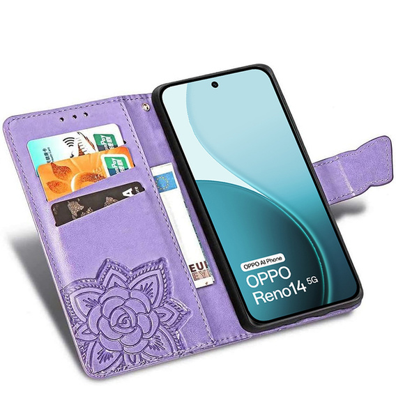 Pattintható tok Oppo Reno 14, Butterfly, pénztárca, lila