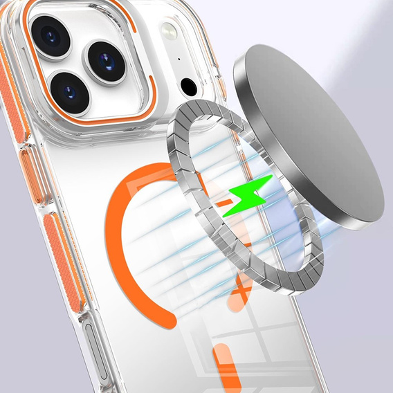 Tok iPhone 17 Pro Max készülékhez, MagSafe, állvánnyal, átlátszó, narancssárga betétekkel