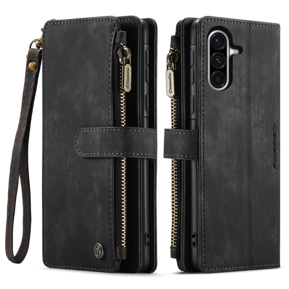 CASEME tok Samsung Galaxy A56 5G, Leather Wallet Cash and Card Slots, pánttal, fekete
