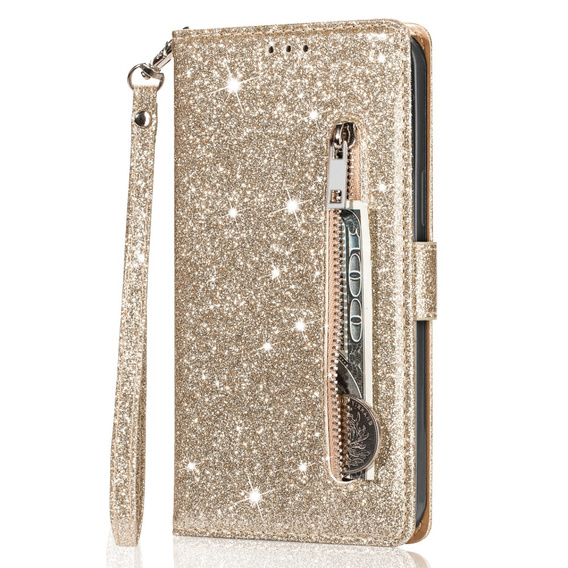 Pattintható tok a Samsung Galaxy A36 5G, Wallet Zipper Pocket Glittery, arany