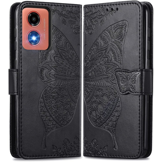 Pattintható tok a Motorola Moto E14, Butterfly, fekete