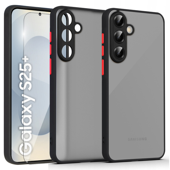 Szilikon tok Samsung Galaxy S25+ Plus, kamera védelemmel, átlátszó / fekete + 9H edzett üveg