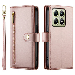 Pattintható tok a Xiaomi 14T, Wallet Zipper Pocket, rózsaszín