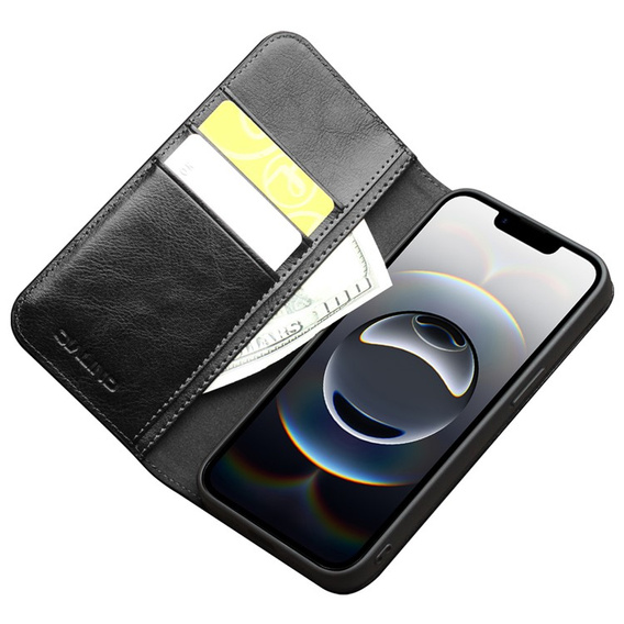 Flip tok Iphone 16E, QIALINO Leather Wallet, fekete