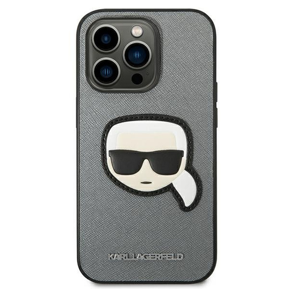 Karl Lagerfeld Telefontok a iPhone 14 Pro, Saffiano Karl's Head Patch, ezüst
