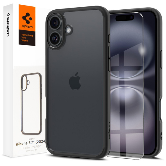 A Spigen tok iPhone 16 Plus, Ultra Hybrid, fekete + 9H edzett üveg