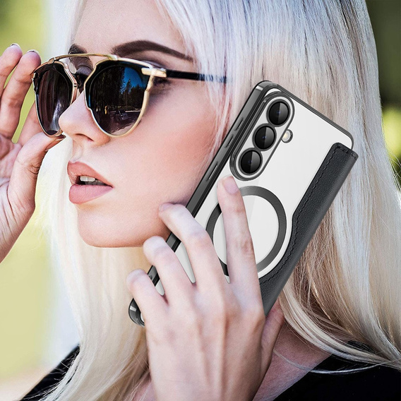 RFID pénztárca MagSafe flip tok kameravédelemmel Samsung Galaxy S26 Plus készülékhez, fekete