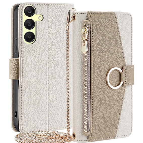 Flip tok Samsung Galaxy A25 5G, Wallet Zipper Pocket, tükörrel, fehér