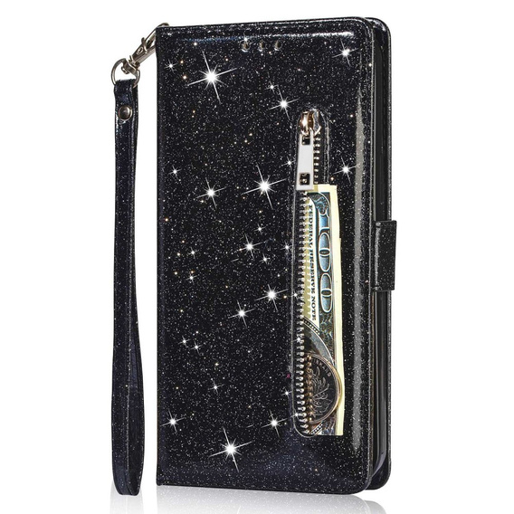 Pattintható tok a Samsung Galaxy S24 Ultra, Wallet Zipper Pocket Glittery, fekete