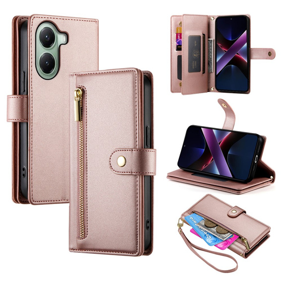 Pattintható tok a Xiaomi Poco X7 Pro 5G, Wallet Zipper Pocket, rózsaszín