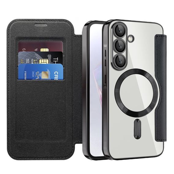 Pántos tok Samsung Galaxy A17 5G, RFID pénztárca, MagSafe, átlátszó/fekete