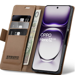 Tok Oppo Reno 12, ERBORD Glossy Litchi, pénztárca patenttal, barna
