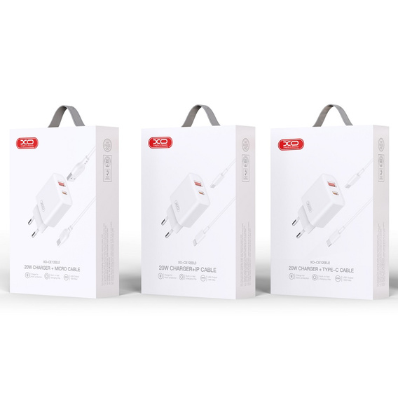 XO CE12 hálózati töltő, USB-C, 20W + USB-C - Lightning kábel, Fehér