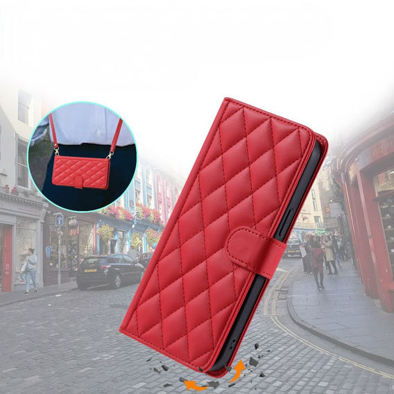 Flap tok iPhone 16 Plus, Rhombus Crossbody Leather, piros