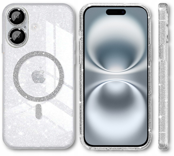 Tok iPhone 16-hoz, ERBORD Glitter MagSafe, átlátszó + képernyőüveg