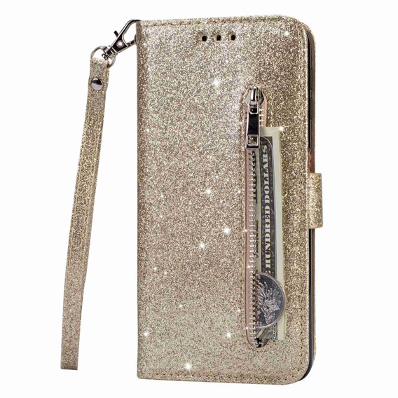 Pattintható tok a Samsung Galaxy S24, Wallet Zipper Pocket Glittery, arany