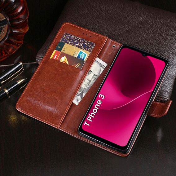 Pattintható tok a T Phone 3 5G, Crazy Horse Wallet, barna