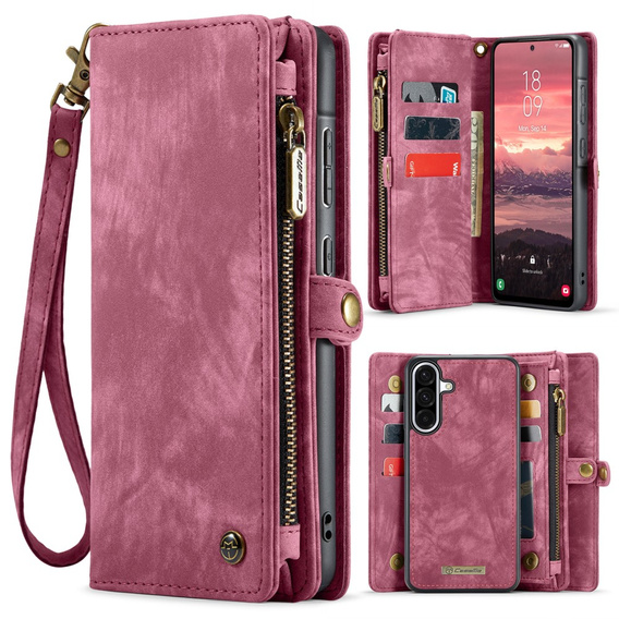 CASEME tok Samsung Galaxy A56 5G, Retro Leather Wallet, szíjjal, piros
