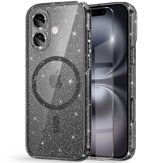 Tok iPhone 16-hoz, ERBORD Glitter MagSafe, fekete + képernyőüveg