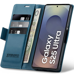 Tok Samsung Galaxy S25 Ultra, ERBORD Glossy Litchi, pénztárca patenttal, kék