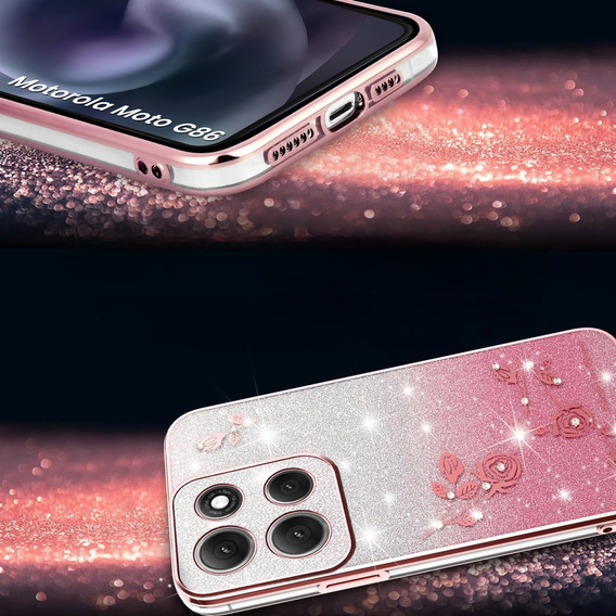 Tok Motorola Moto G86 5G, Glitter Flower, rózsaszín rose gold