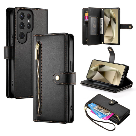 Pattintható tok a Samsung Galaxy S25 Ultra, Wallet Zipper Pocket, fekete