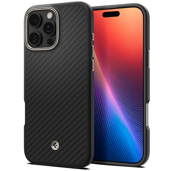Spigen tok iPhone 16 Pro készülékhez, Enzo Aramid MagSafe, carbon fekete + 9H edzett üveg