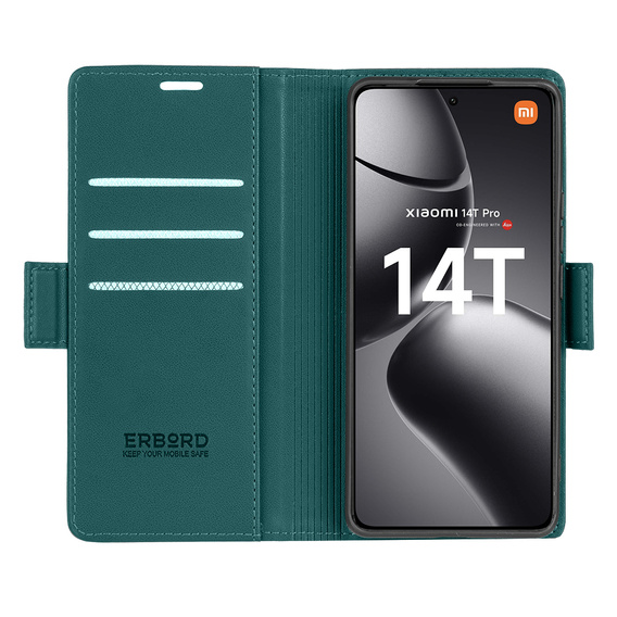 Tok Xiaomi 14T Pro, ERBORD Glossy Litchi, pénztárca patenttal, zöld