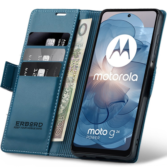 Tok Motorola Moto G24 Power, ERBORD Glossy Litchi, pénztárca patenttal, kék