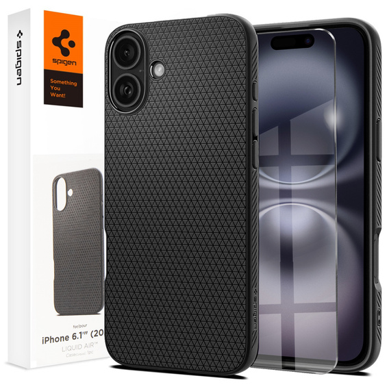 A Spigen tok iPhone 16, Liquid Air, fekete + 9H edzett üveghez