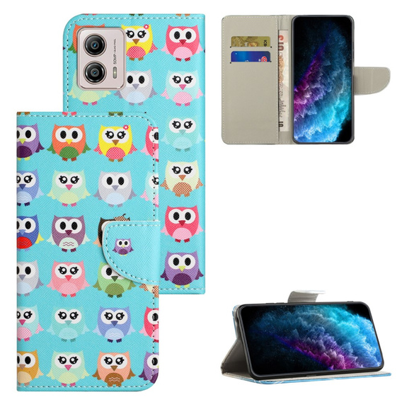 Pattintható tok a Motorola Moto G73 5G, Wallet, owls, kék