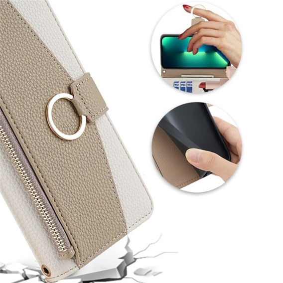 Flip tok iPhone 13, Wallet Zipper Pocket, tükörrel, fehér