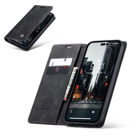 CASEME tok iPhone 14 Pro, Leather Wallet Case, fekete
