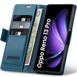 Tok Oppo Reno 13 Pro, ERBORD Glossy Litchi, pénztárca patenttal, kék