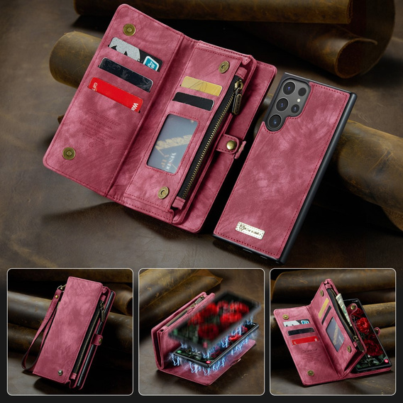 CASEME tok Samsung Galaxy S25 Ultra, Retro Leather Wallet, szíjjal, piros