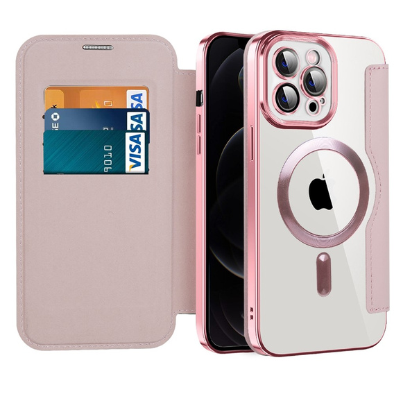 Pattintható tok a iPhone 12 Pro Max, RFID Wallet MagSafe CamShield, rózsaszín