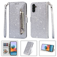 Pattintható tok a Samsung Galaxy A35 5G, Wallet Zipper Pocket Glittery, ezüst