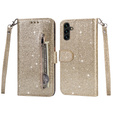 Pattintható tok a Samsung Galaxy A55, Wallet Zipper Pocket Glittery, arany