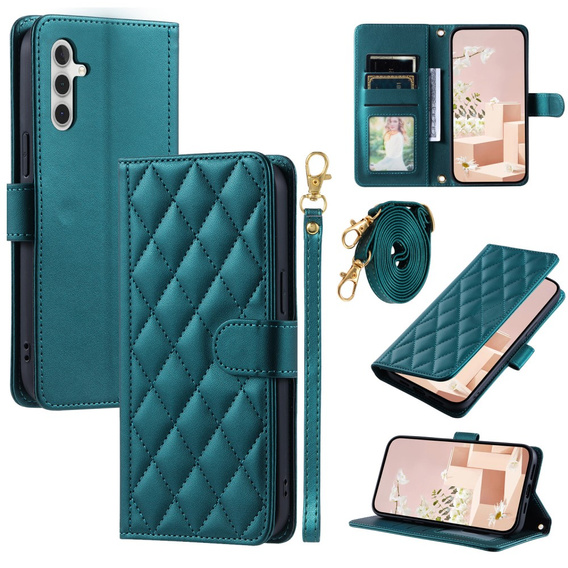 Flap tok Samsung Galaxy A55 5G, Rhombus Crossbody Leather, sötétzöld