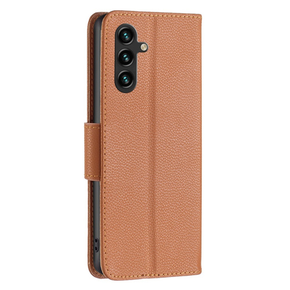 Pattintható tok a Samsung Galaxy A15, Wallet Litchi Leather, barna + 9H üveg