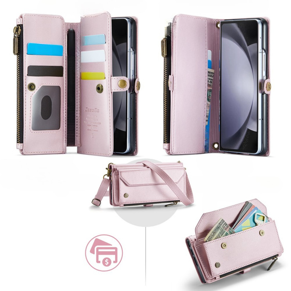 Tok CASEME Samsung Galaxy Z Fold6 5G, RFID Leather Wallet, vállpánttal, rózsaszín