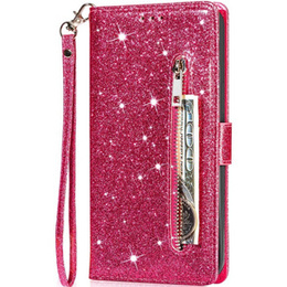 Pattintható tok a Samsung Galaxy A55, Wallet Zipper Pocket Glittery, rózsaszín