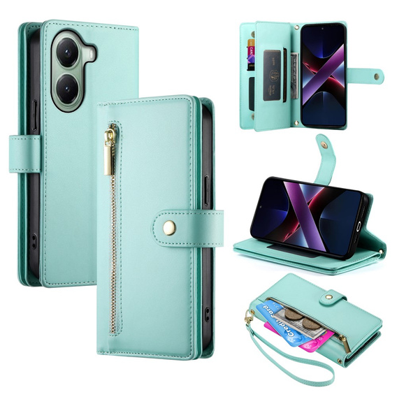 Pattintható tok a Xiaomi Poco X7 Pro 5G, Wallet Zipper Pocket, zöld