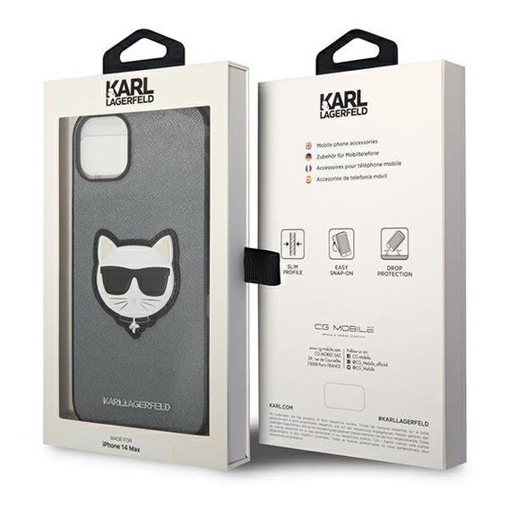Karl Lagerfeld Telefontok a iPhone 14 Plus, Saffiano Choupette Head Patch, ezüst
