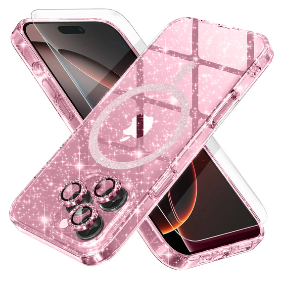 Tok iPhone 16 Pro-hoz, ERBORD Glitter MagSafe, rózsaszín + képernyőüveg