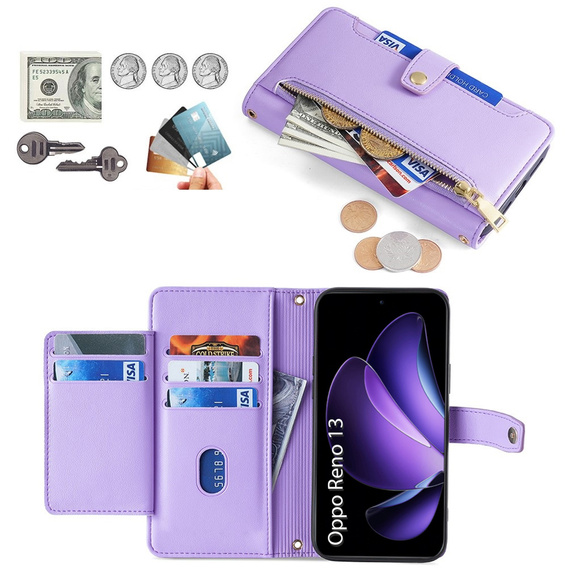 Pattintható tok a Oppo Reno 13, Wallet Zipper Pocket, lila
