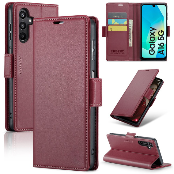 Tok Samsung Galaxy A16, ERBORD Glossy Litchi, pénztárca patenttal, piros